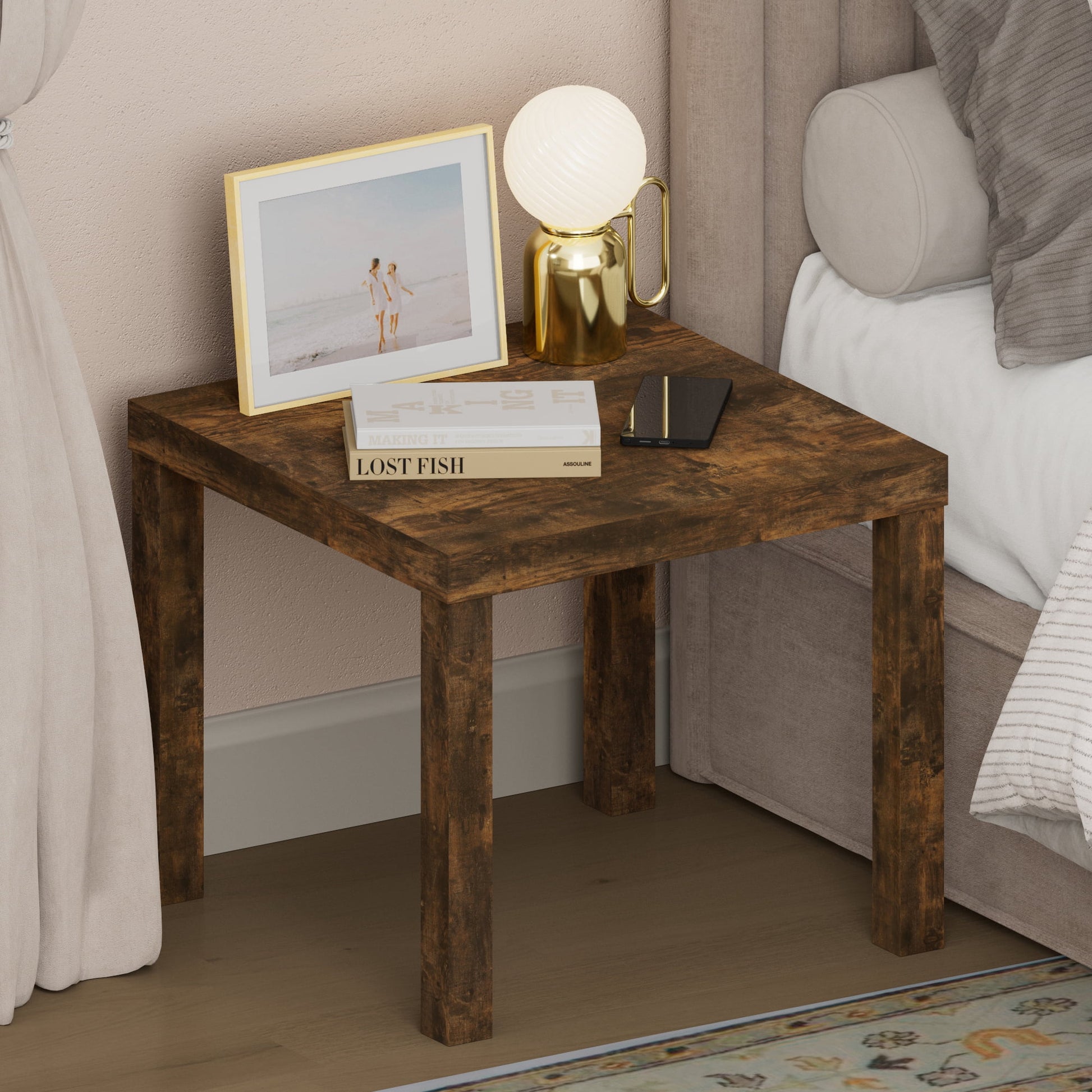 Furinno CLASSIC 1.8" Thick Tabletop 4-leg Square Nightstand Amber Pine