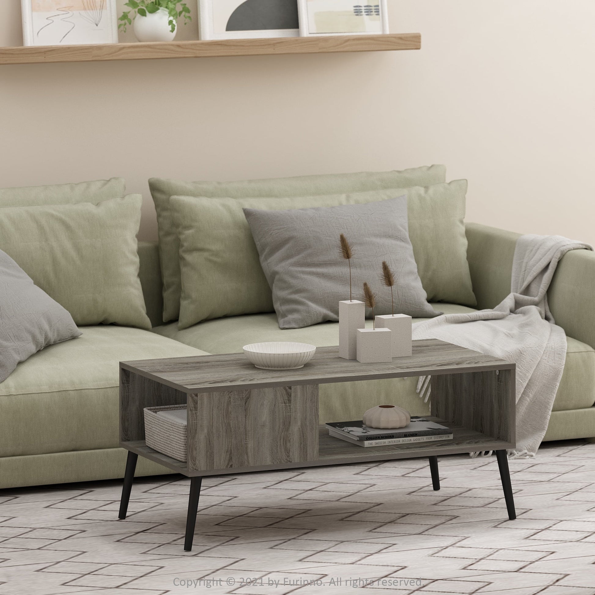 Furinno Claude Mid Century Style Coffee Table with Wood Legs, French Oak Grey
