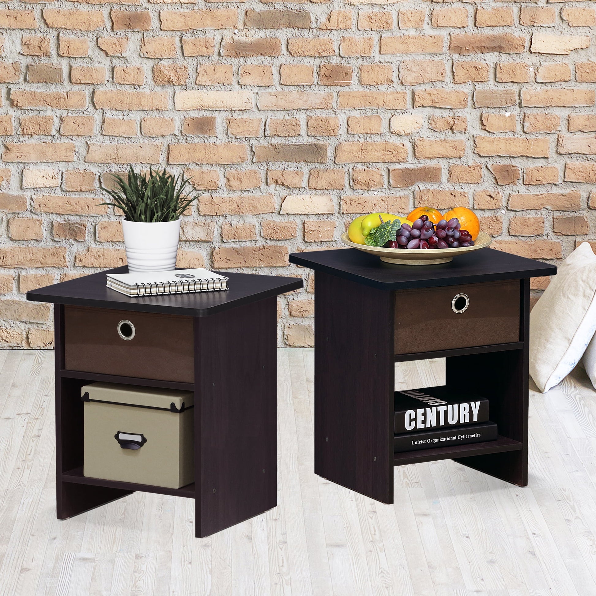 Furinno End Table/ Night Stand Storage Shelf with Bin Drawer, Espresso, Set of two