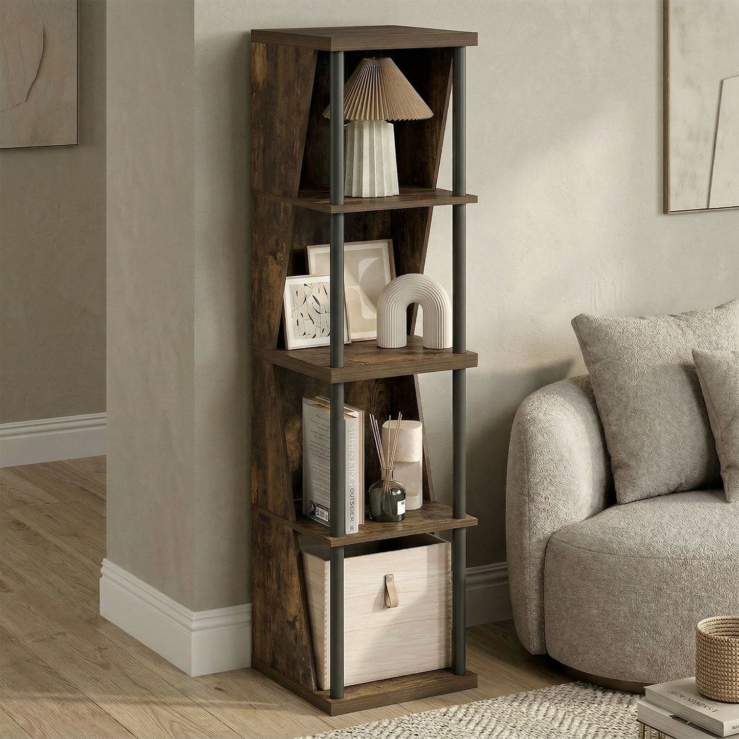 Furinno Estante de Libros Flexible, Librero de 4 Cubos, Librero GeomÃ©trico Alto de Pie con Bricolaje Apilable y Separable, 15 x 15 x 58.4, para Sala de Estar, Oficina en Casa, Dormitorio, Pino Ãmbar