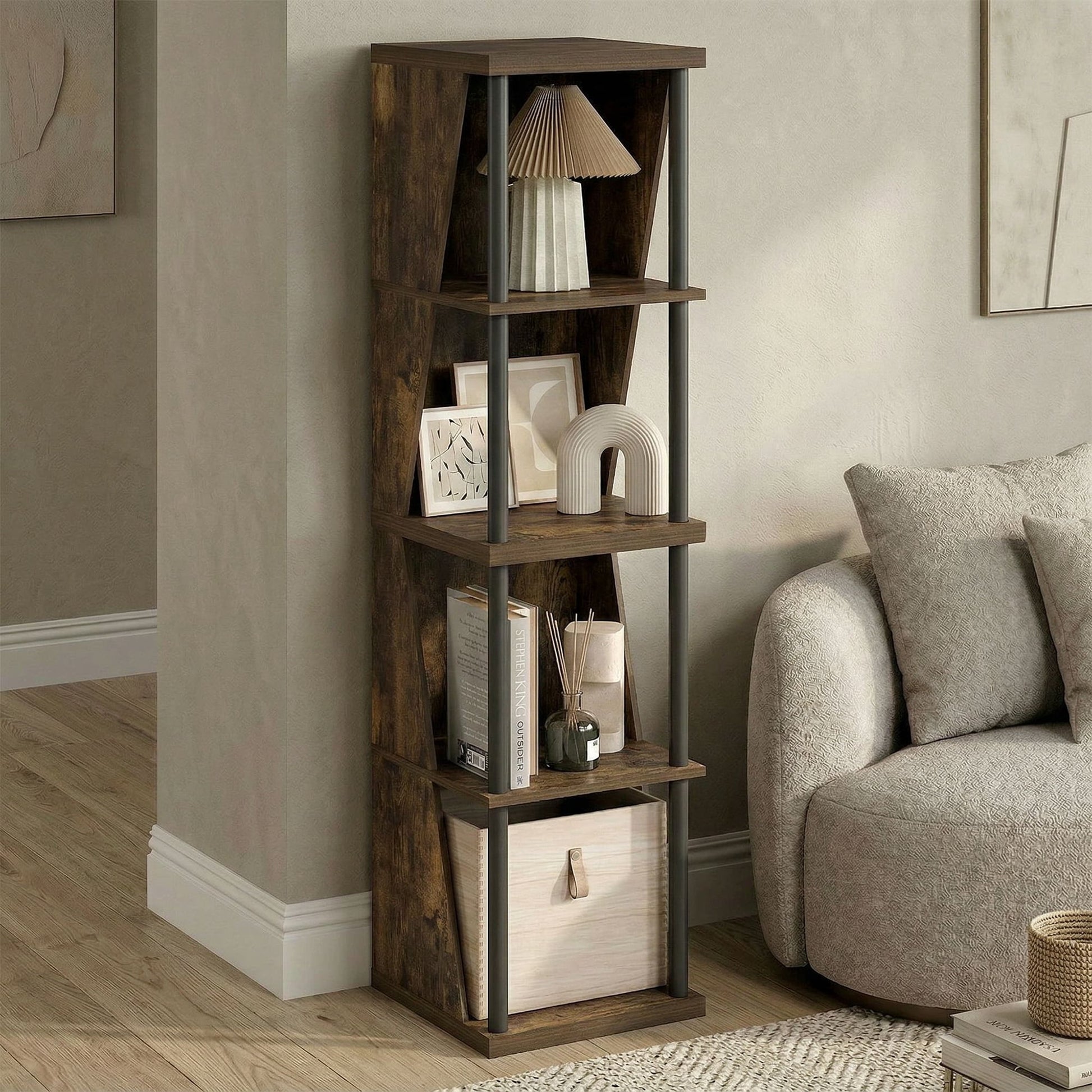 Furinno Estante de Libros Flexible, Librero de 4 Cubos, Librero GeomÃ©trico Alto de Pie con Bricolaje Apilable y Separable, 15 x 15 x 58.4, para Sala de Estar, Oficina en Casa, Dormitorio, Pino Ãmbar