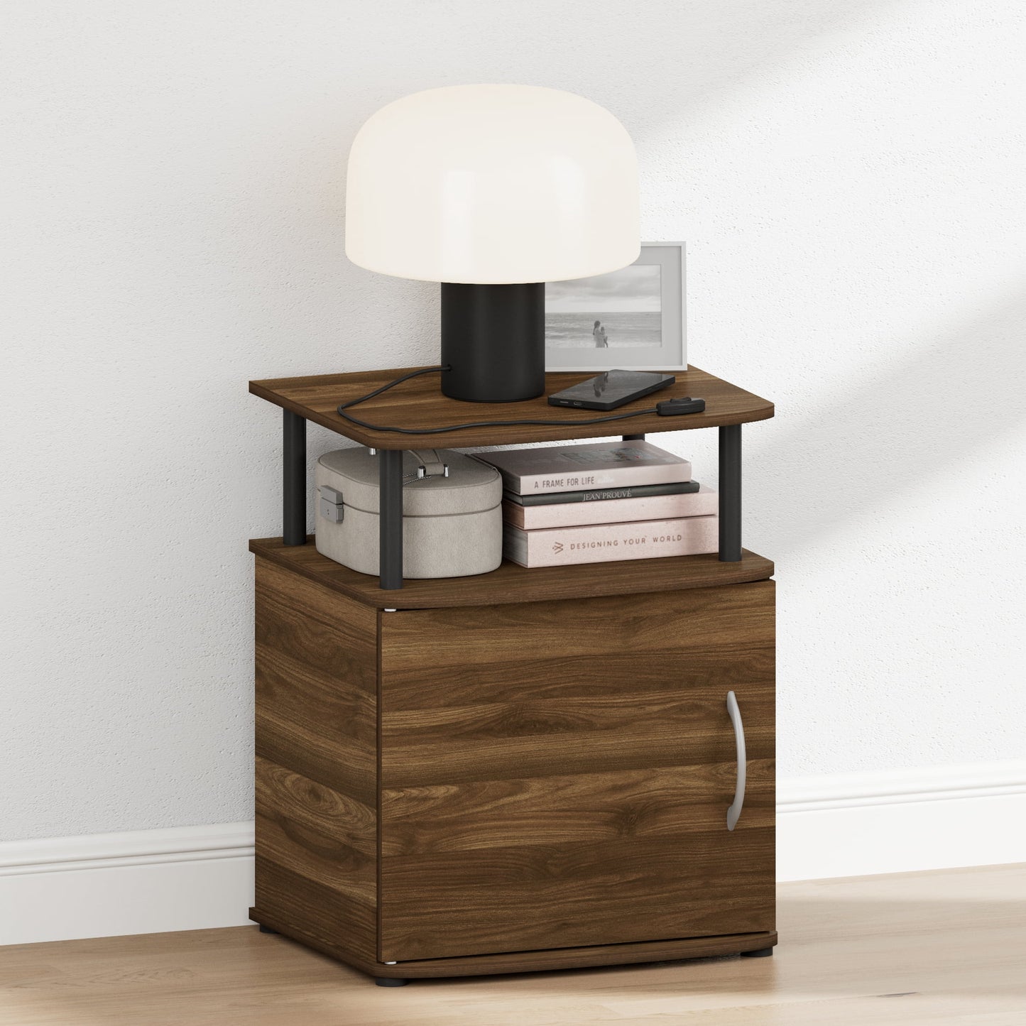 Furinno JAYA Open Shelf Nightstand Door Cabinet with Round Corner Amber Pine