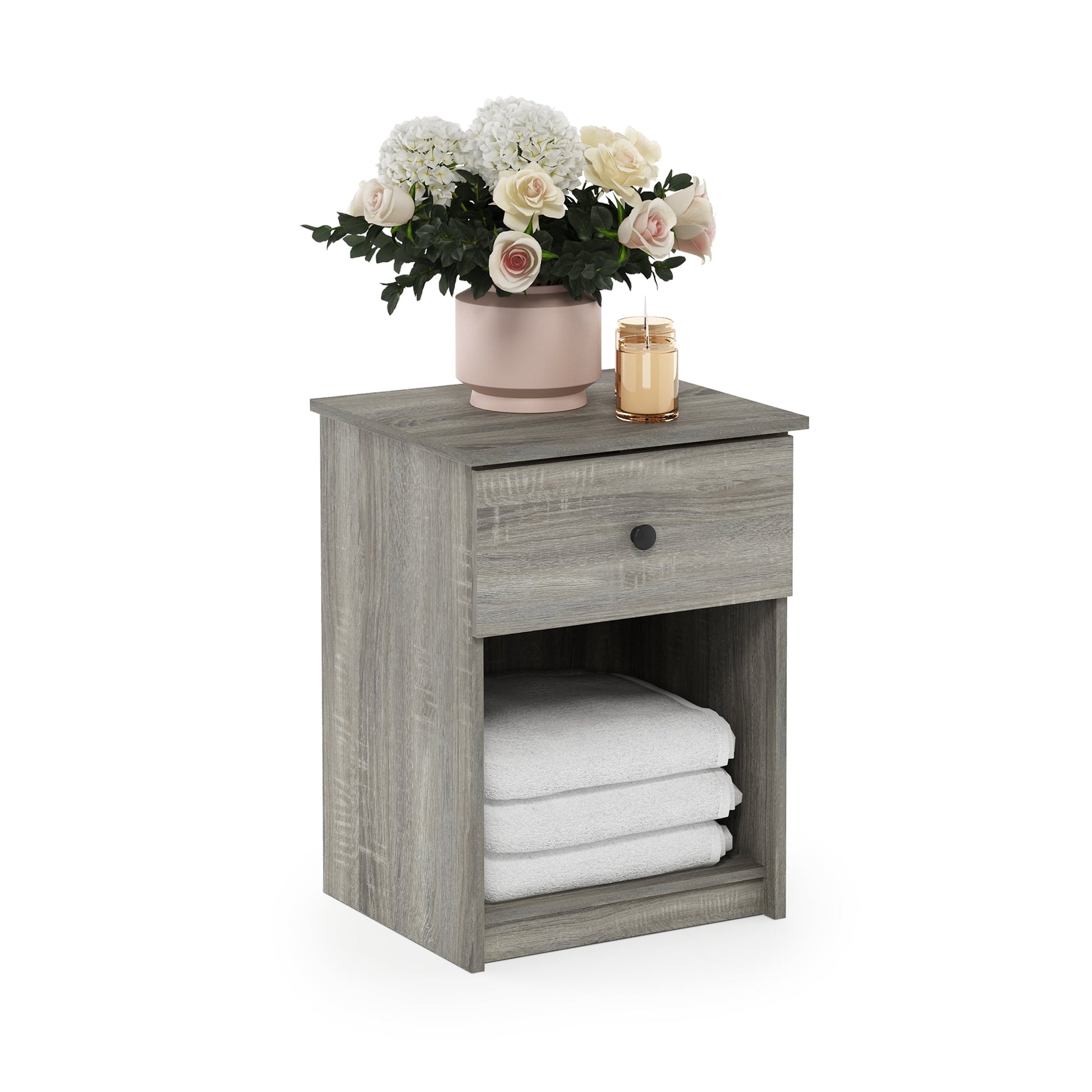 Furinno TIDUR Night Stand, Nightstand with Drawer, Bedside Table, End Table, Side Table with Storage Shelf, Knob Handle Drawer, for Bedroom, Living Room, Grey Oak