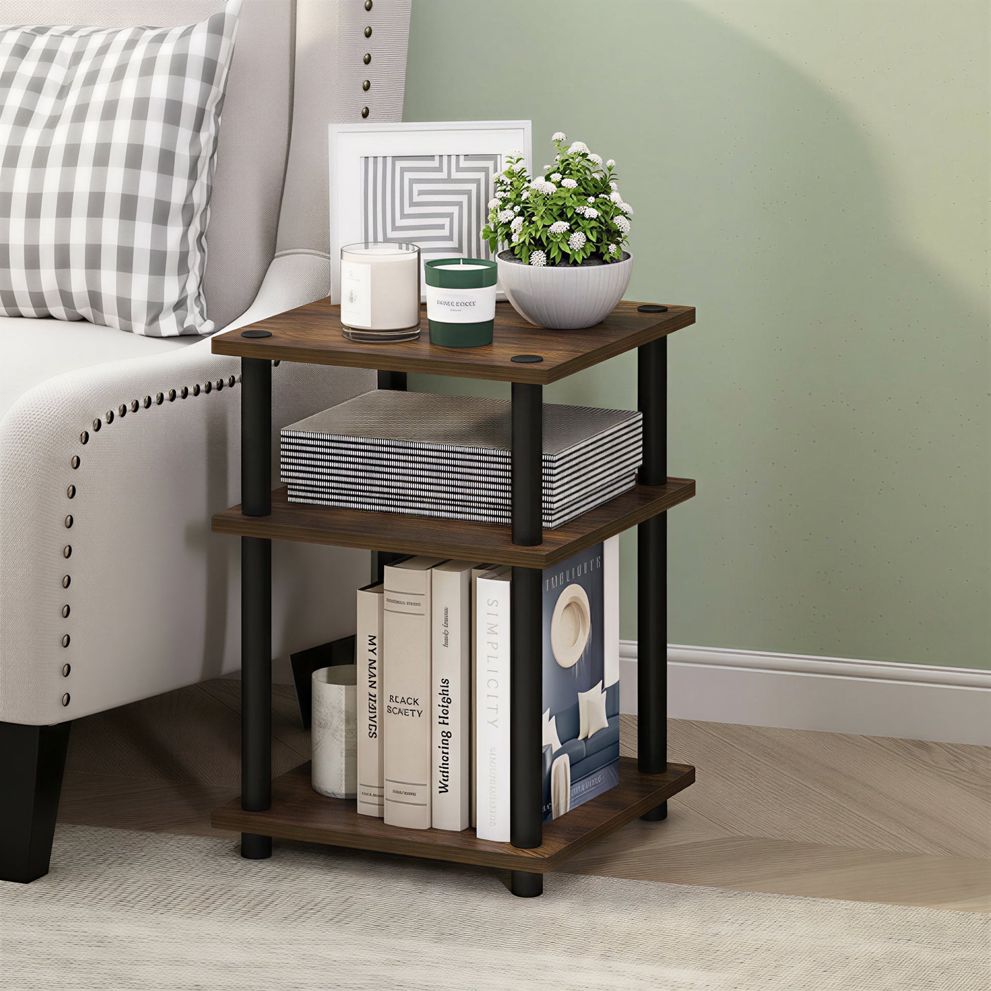 Furinno TURN-N-TUBE 3-Tier Toolless Open Shelves End Table Nightstand Amber Pine