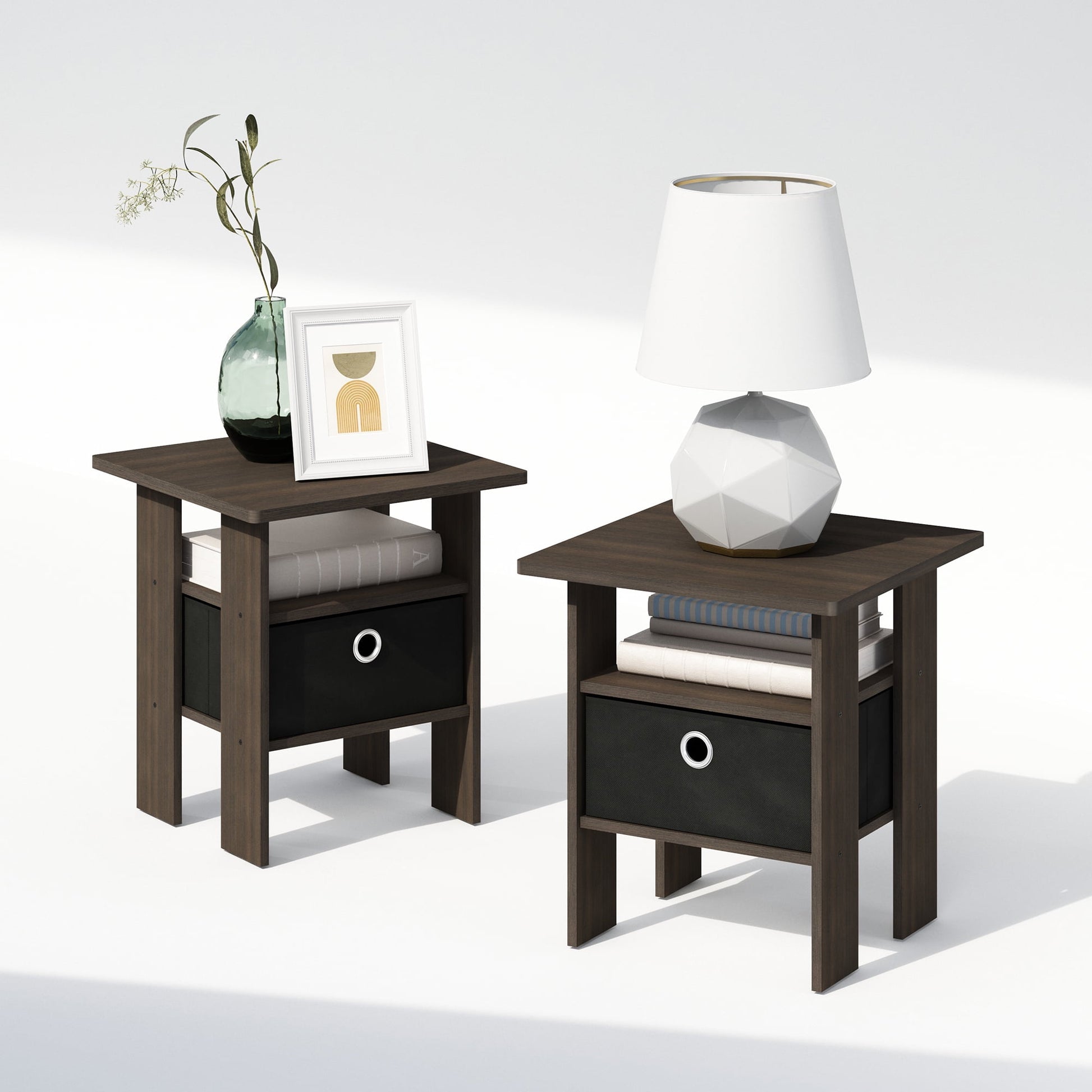 Furinno Tidur Bedside Table Nightstand with Bin Drawer, Dark Brown/Black, Set of 2