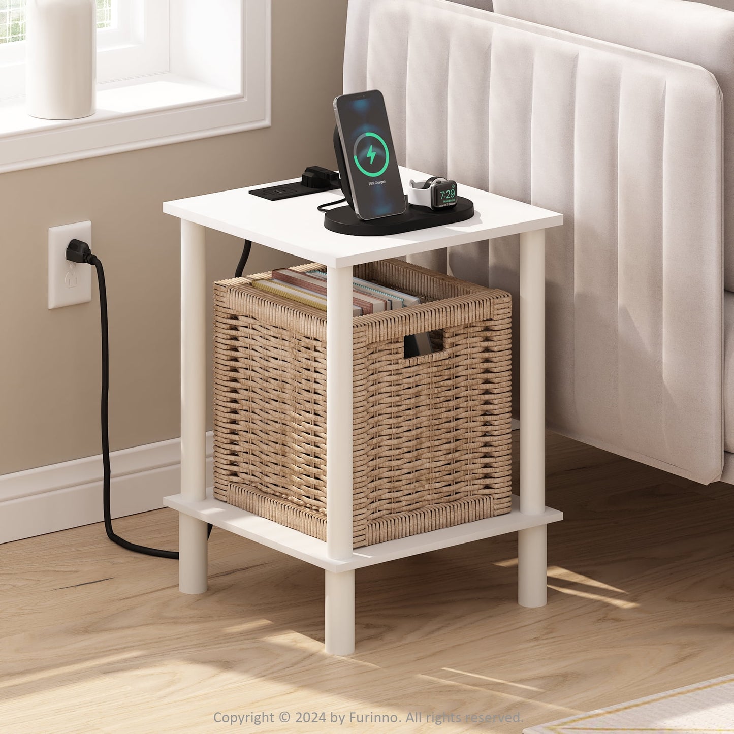 Furinno Turn-N-Tube 2-Tier Side Table, End Table with USB and Type-C Charging Port, White/White