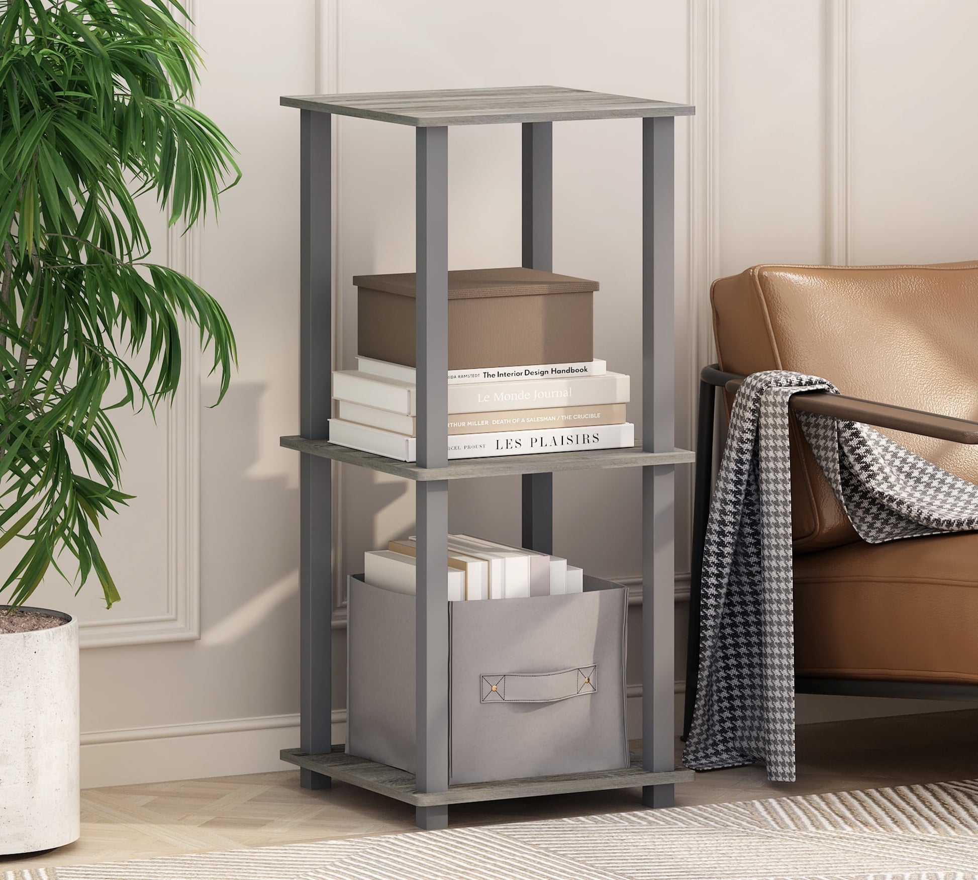 Furinno Turn-N-Tube Easy Assembly Stackable Bookcase, Bookshelf, French Oak/Grey