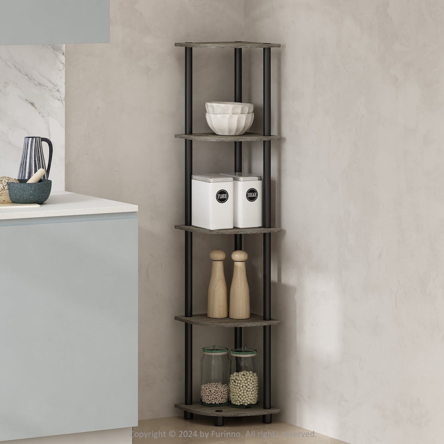 Furinno Turn n Tube 5 Tier 11.6 in x 57.7 in Particle Board French Oak Corner Bookcase