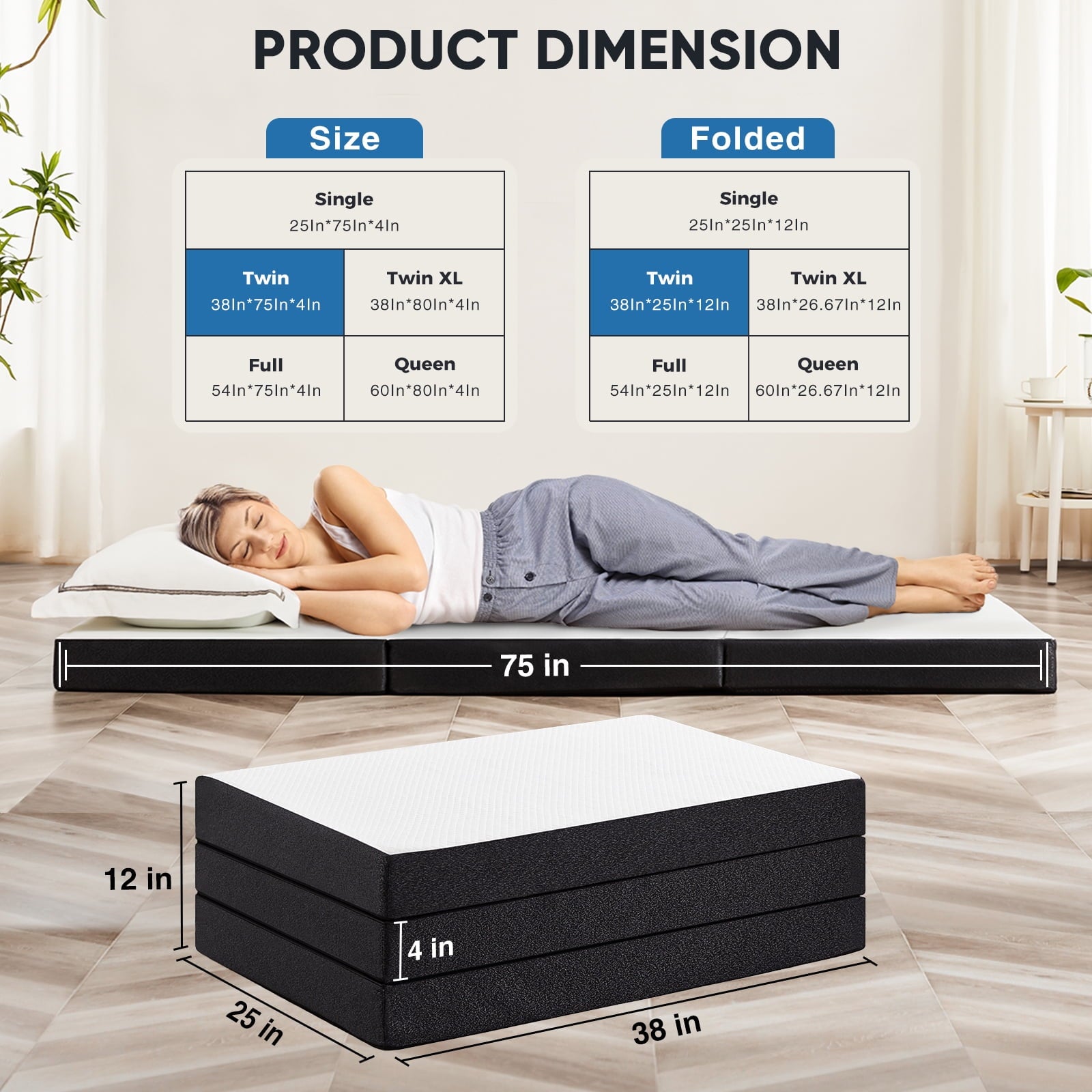 Gianna 4" Twin Tri-Fold Memory Foam Mattress, Foldable Mattress