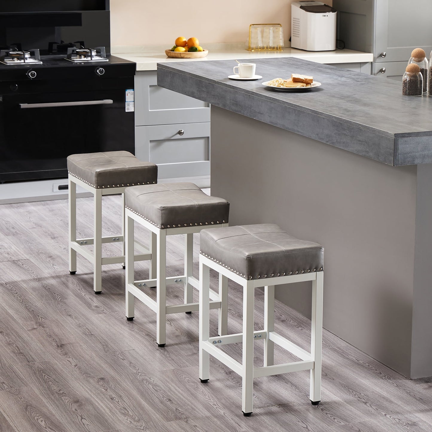 GIANNA Bar Stools Set of 2, Modern Counter Height 24 Inch Bar Stools, Metal Base, PU Leather, For Kitchen, Living Room, Gray