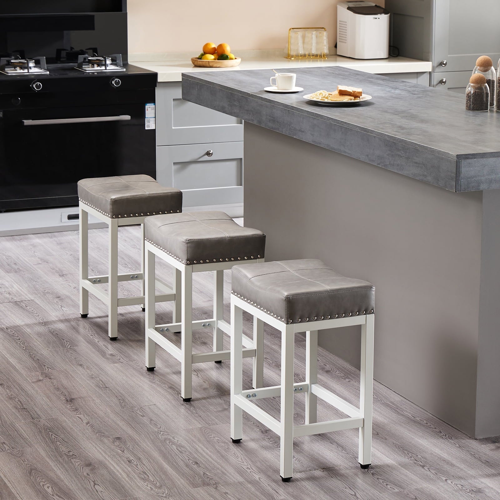 GIANNA Bar Stools Set of 2, Modern Counter Height 24 Inch Bar Stools, Metal Base, PU Leather, For Kitchen, Living Room, Gray