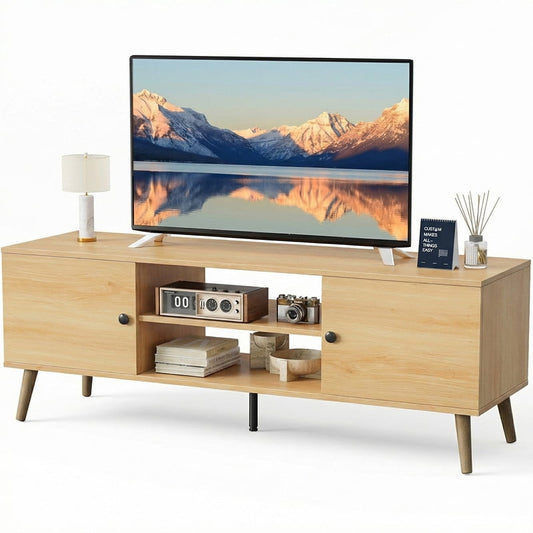 GIANNA Mid-Century Modern Wooden TV Stand for 55-60â€ TVs, 2 Storage Cabinets, Adjustable Shelf, Cable Management, Sturdy Legs, Easy Assembly, Wood