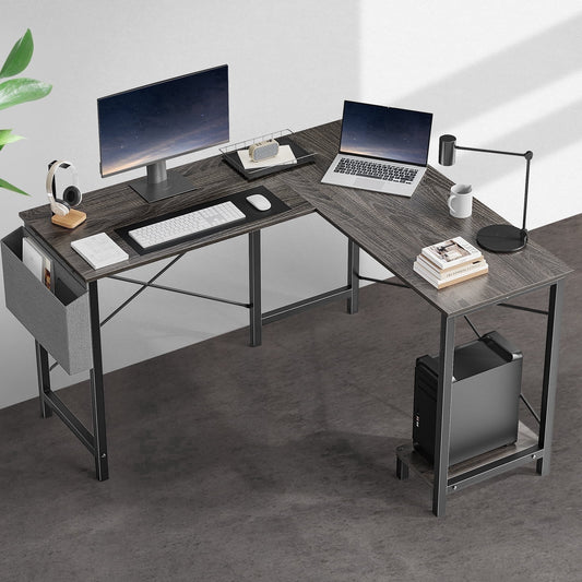 edx Modern L Shaped Office Desk with Wood Surface, Storage Bag and CPU Holder, Gray