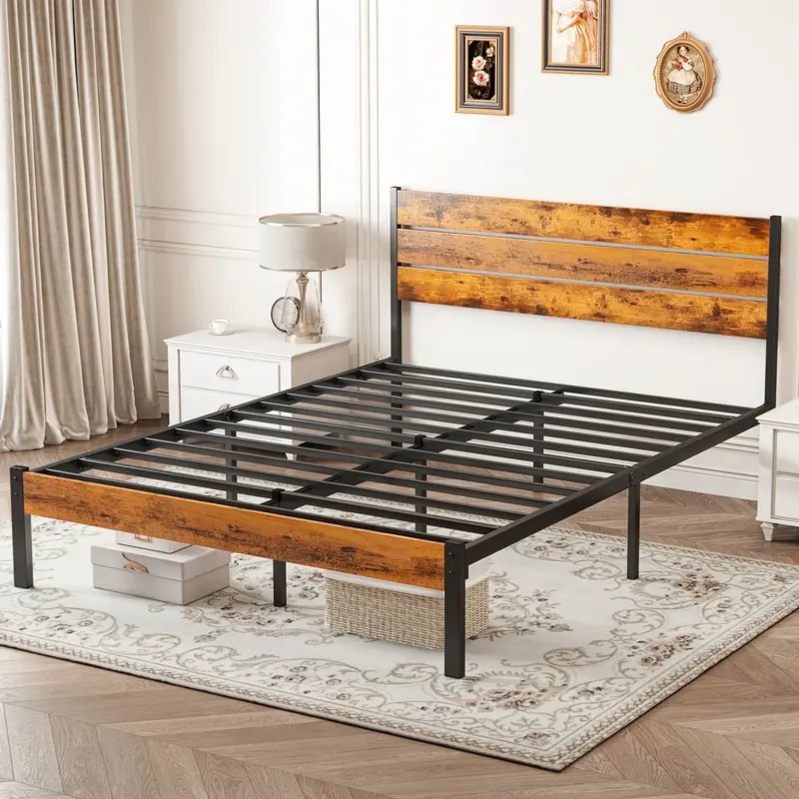 SHOUFTW Queen Size Bed Frame with Headboard, Solid and Stable, Noise Free, No Box Spring Needed, Easy Assembly