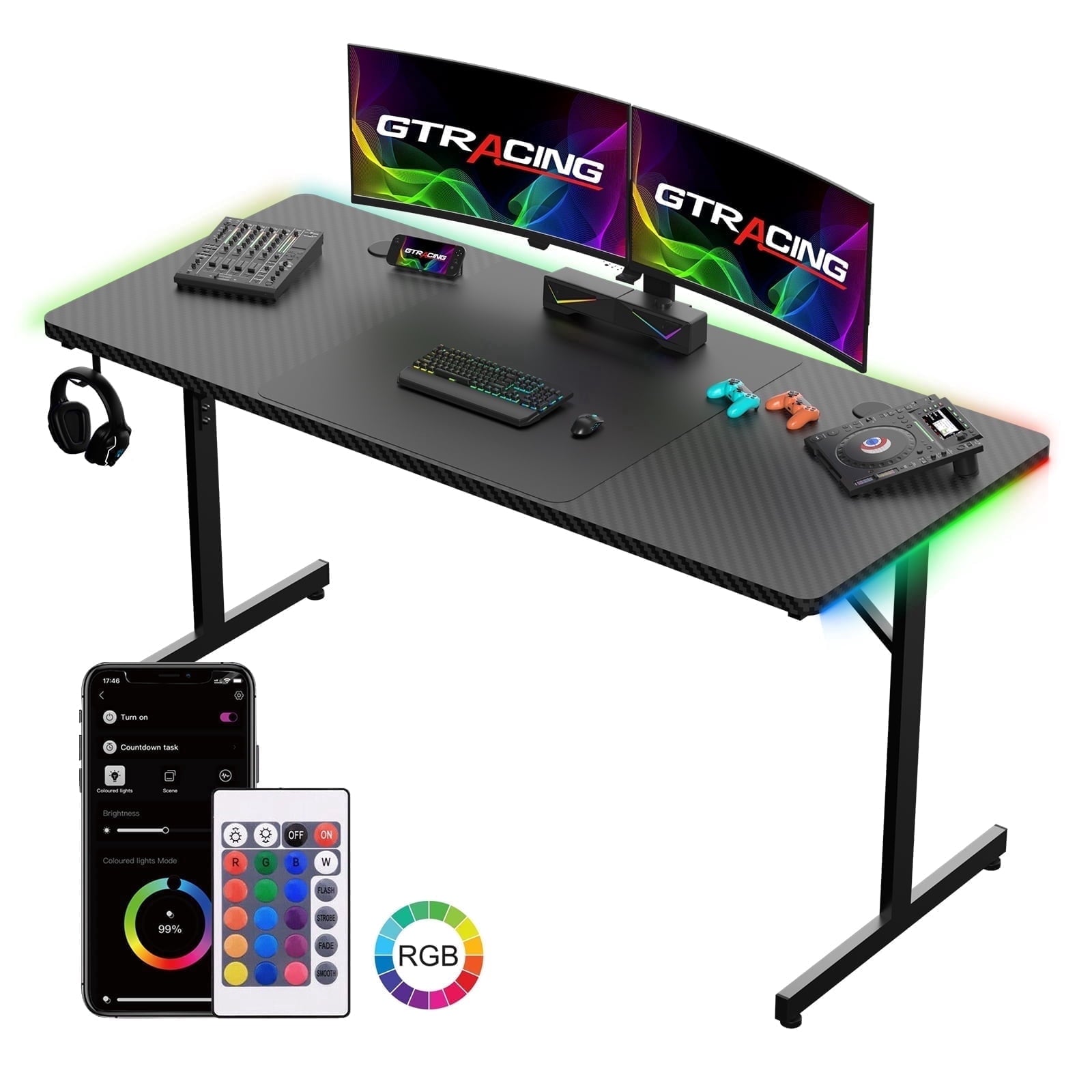 GTPLAYER  55" Large RGB Sturdy Gaming Desk with Mouse Pad T-Shaped Office Chair Computer Desk Spacious Work Surface Table, Black