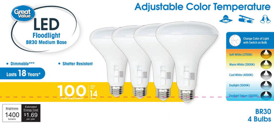 Great Value 5 CCT LED Floodlight Bulb, 14W(100W Equivalent) BR30 with E26 Medium Base Dimmable 4PK
