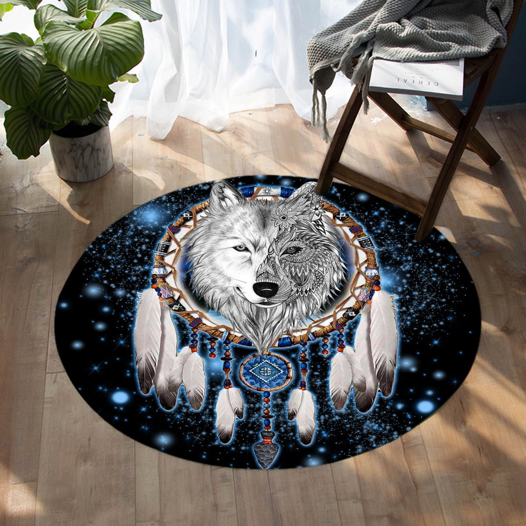Galaxy Dreamcatcher Wolf 3D Native American Round Carpet