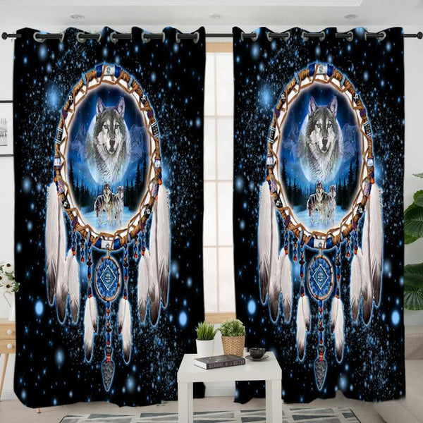 Galaxy Dreamcatcher Wolf Native American Living Room Curtain