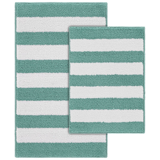 Garland Rug Beach Stripe Washable Bath Rug Set, 2 Piece Set (17"x24" Bath Rug, & 21"x34" Bath Rug) Sea Foam/White
