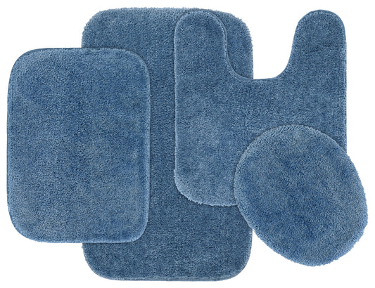 Garland Rug Traditional Washable Bath Rug Set, 4 Piece Set (2 Bath Rugs, Contour, & Lid) Basin Blue