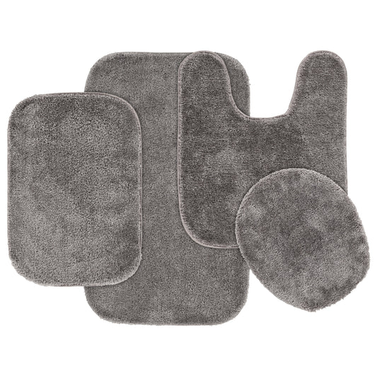 Garland Rug Traditional Washable Bath Rug Set, 4 Piece Set (2 Bath Rugs, Contour, & Lid) Medium Gray