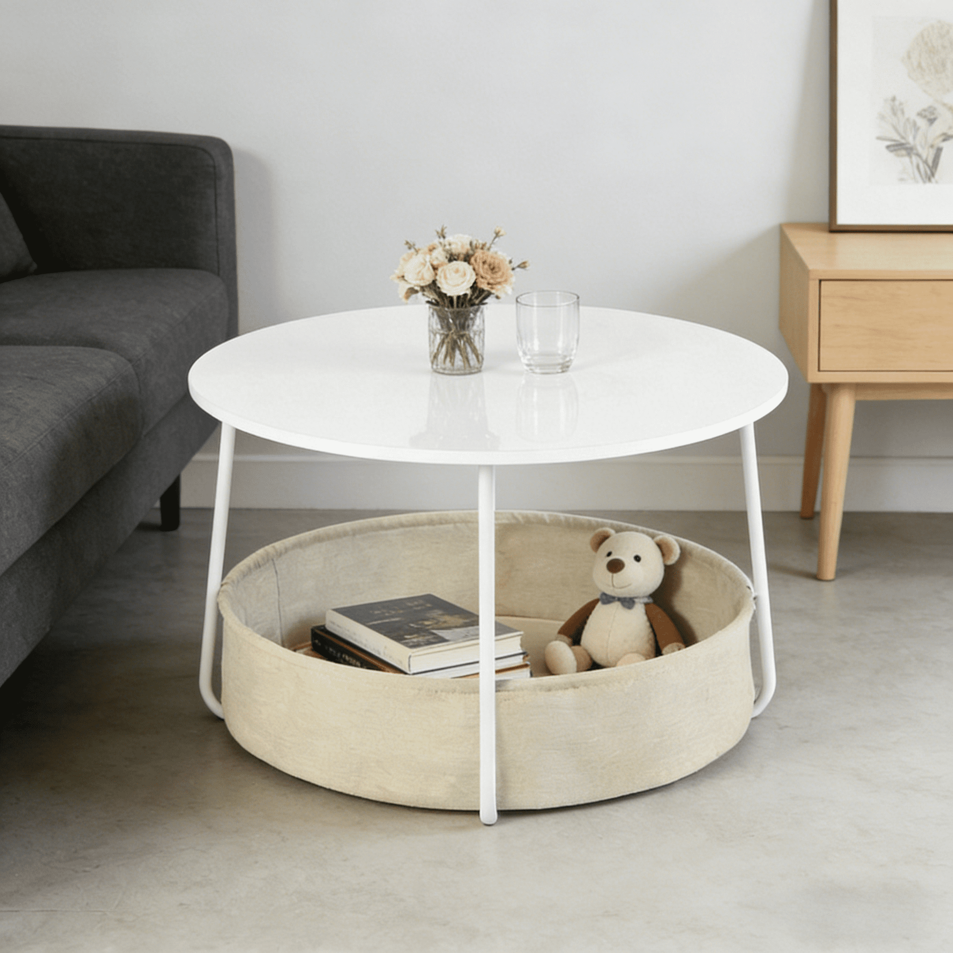 Gewnee 30''Round Coffee Table - End Table with Fabric Basket,Sleek Space-Saving Furniture for Living Room,Bedside Nightstand,Matte White and Beige