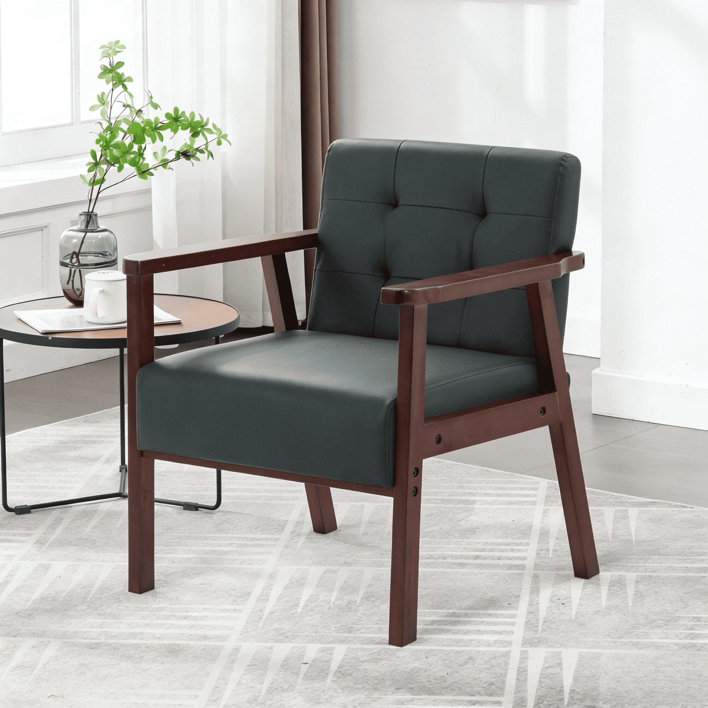 Gewnee PU Accent Chair with Solid Wood Frame,Modern Upholstered Armchair,Single Sofa for Living Room,Apartment,Office.Black