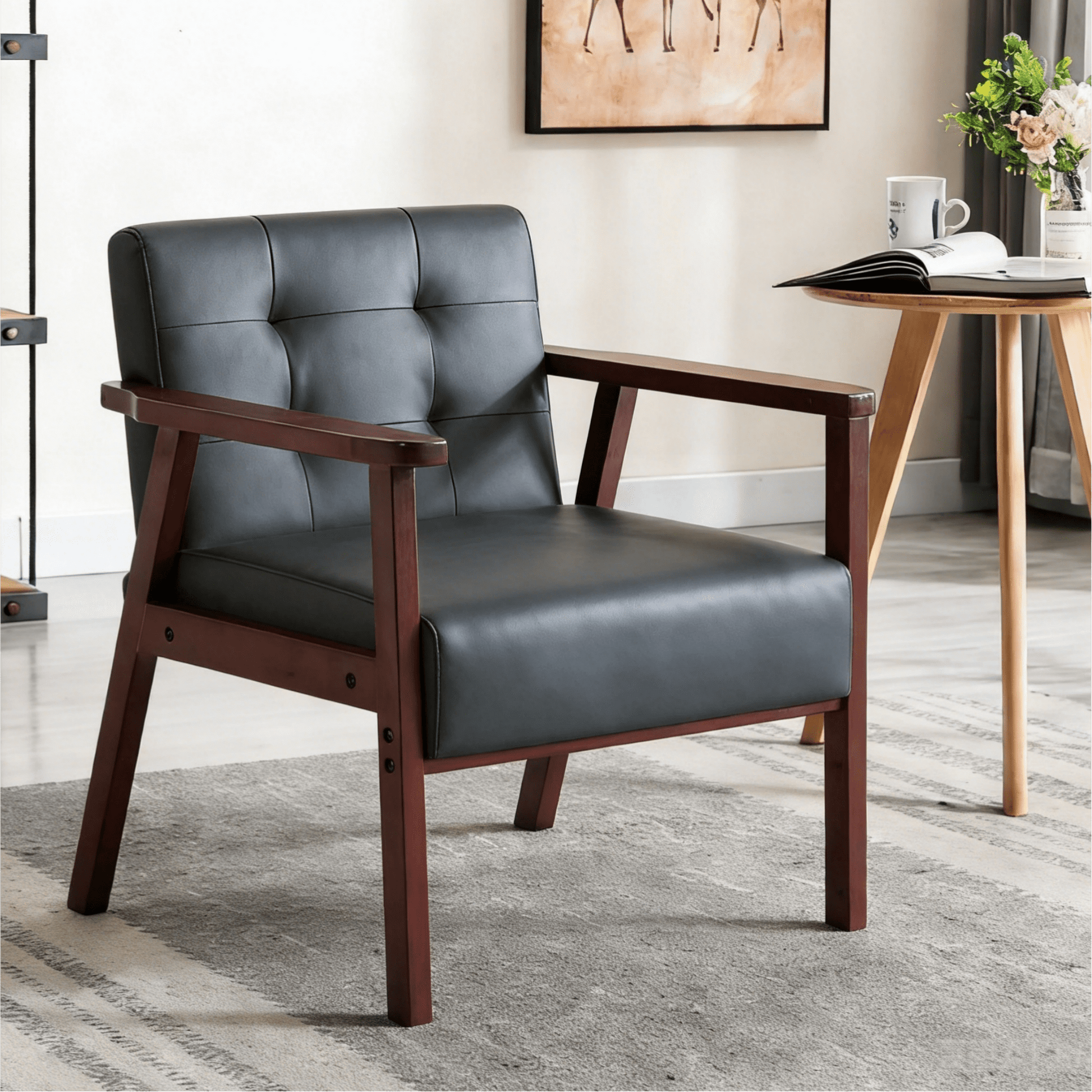 Gewnee Modern Accent Chair,PU Single Sofa with Wood Frame,Reading Armchair for Living Room,Bedroom,Office.Black