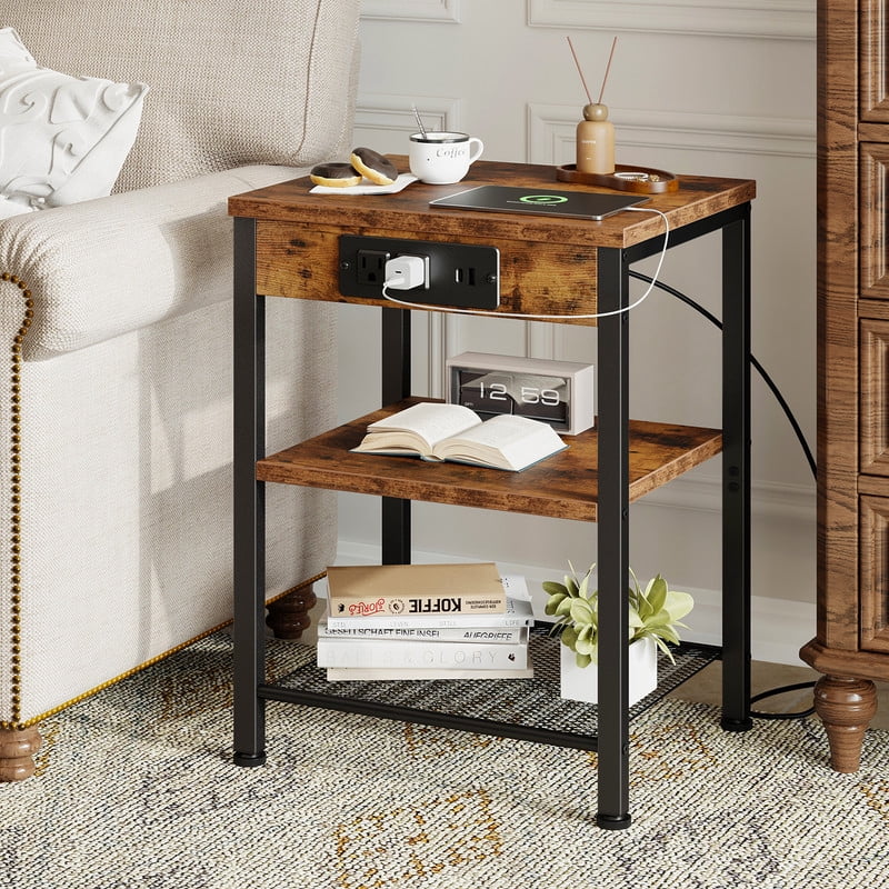 Gianna 15.7" Small Side Table with Charging Station, End Table with Outlets & USB Ports, 3-Tier Adjustable Storage Nightstand for Living Room, Bedroom, Small Spaces, Brown