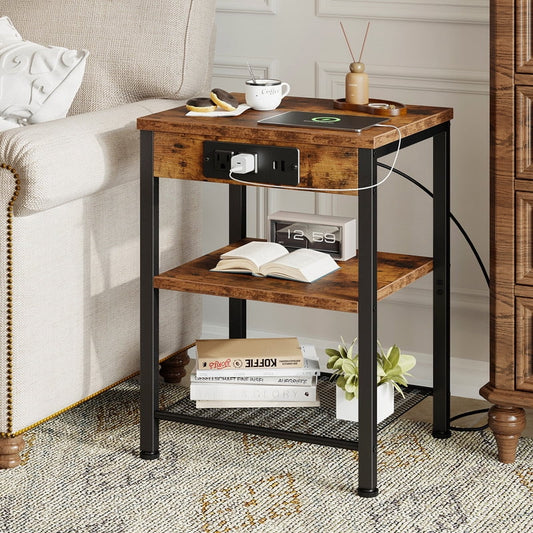 Gianna 15.7" Small Side Table with Charging Station, End Table with Outlets & USB Ports, 3-Tier Adjustable Storage Nightstand for Living Room, Bedroom, Small Spaces, Black