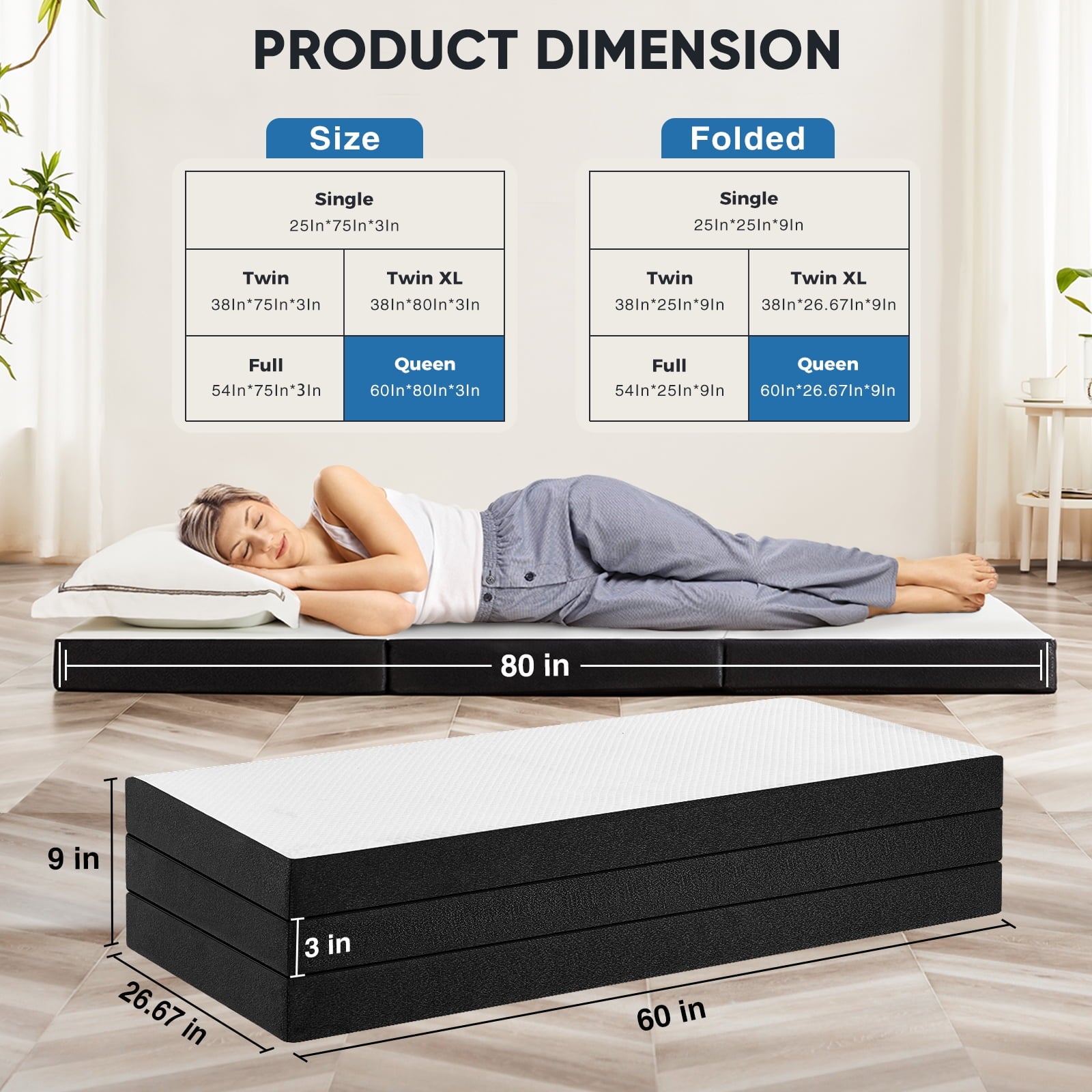 Gianna ColchÃ³n Queen de Memory Foam de 3", ColchÃ³n Plegable PortÃ¡til de Triple Pliegue para Camas de Invitados y Viajes