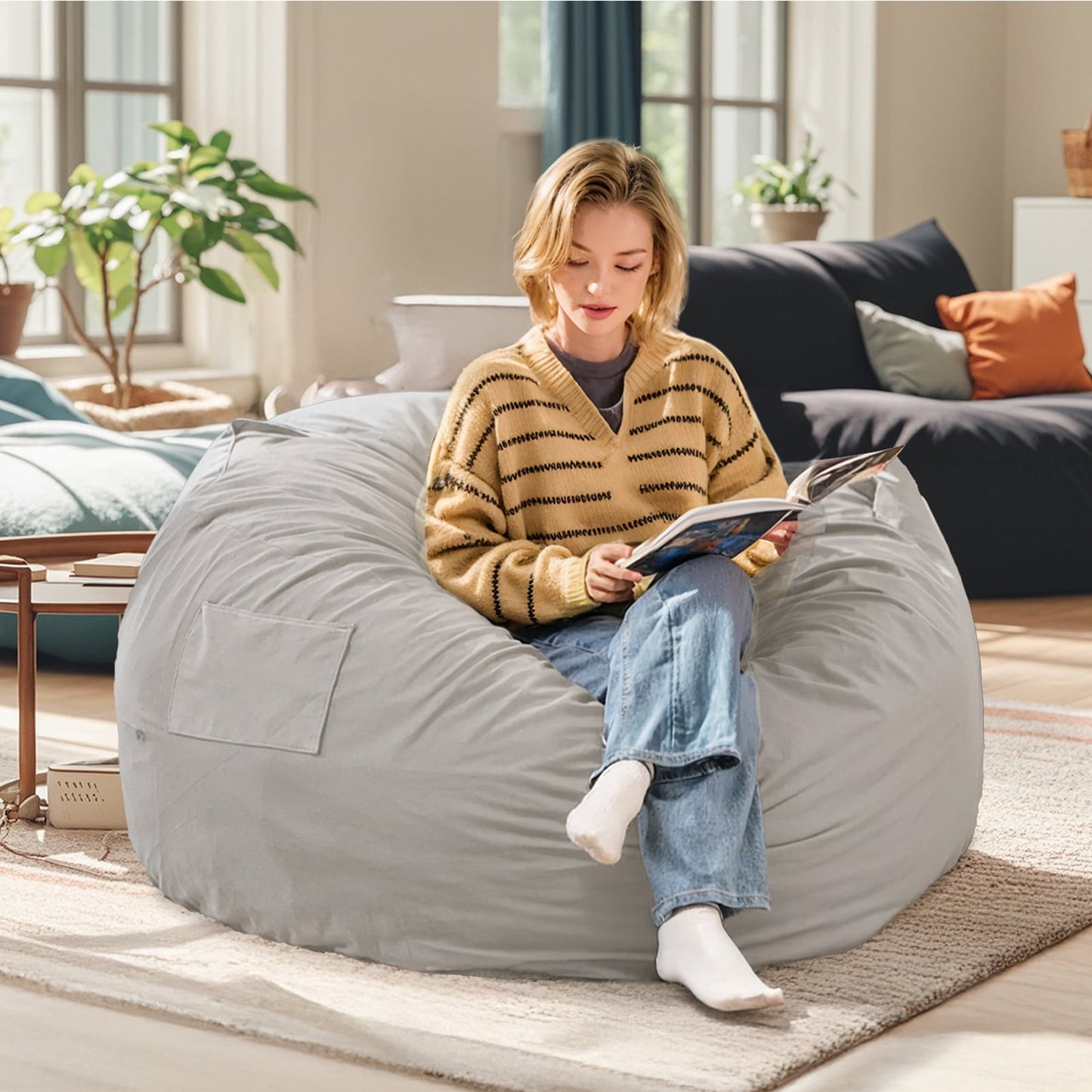 Gianna 3FT Sofa Bean Bag Chair , Oversized Beanbag for Adults with Soft Removable Cover, Dark Gray