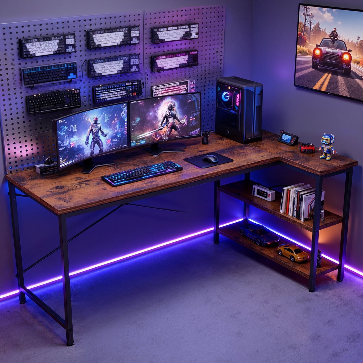 Gianna L-Shaped Home Office Computer Desk with Reversible Configuration, Built-in Charging Station, Storage Drawers, and Host Stand for Gaming or Work