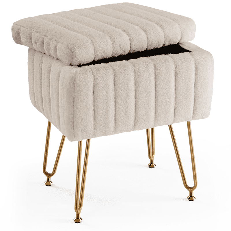 Gianna Square Ottoman with Storage, Makeup Cute Soft Small Footstool, Modern Style Faux Fur Seat with 4 Metal Legs & Adjustable Feet for Dressing, Living Room Bedroom Dorm, Camel