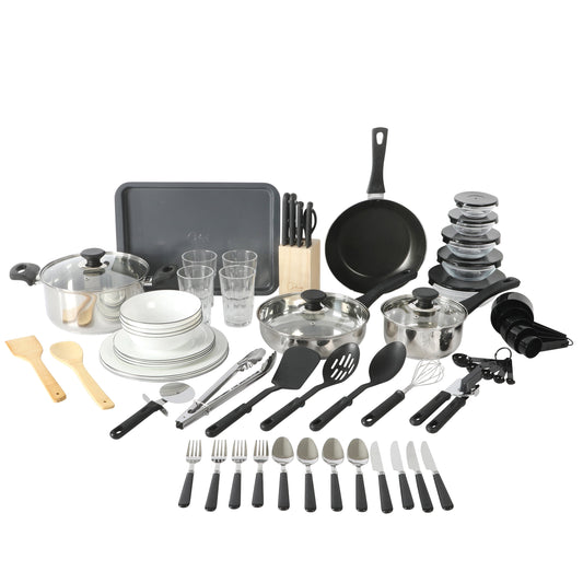 Gibson Home Stainless Steel Cookware Set, Pots and Pans with Dinnerware, Bakeware, and Utensils, 71-Piece