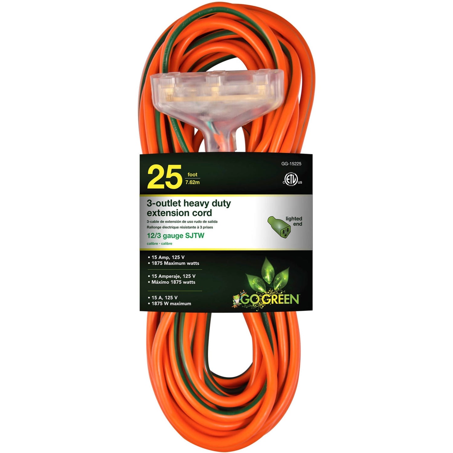 GoGreen Power (GG-15225) 12/3 25â€™ SJTW 3-Outlet Heavy Duty Extension Cord, Lighted End, 25 Ft