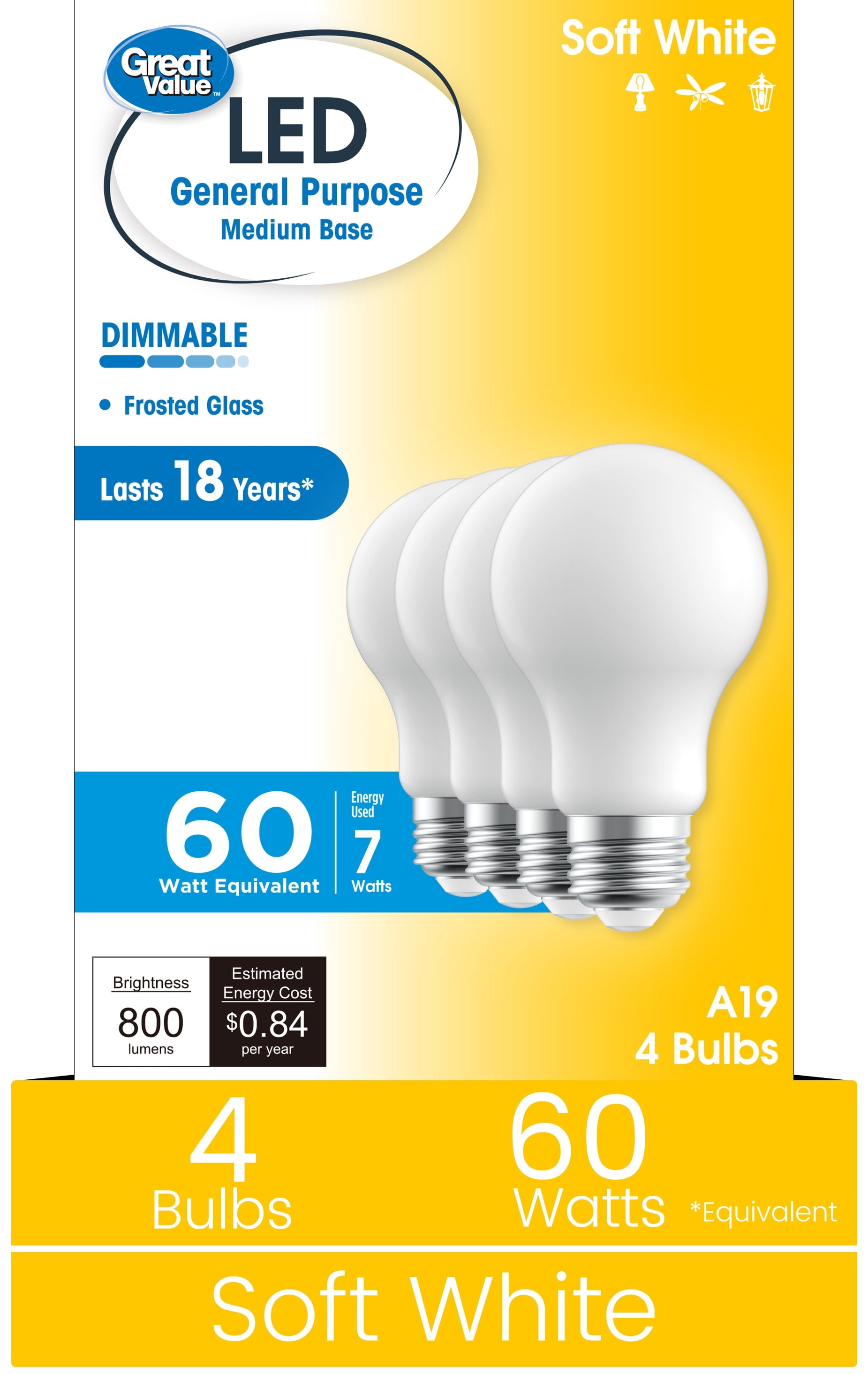 Great Value A19 LED 7W (60W Equivalent) Soft White E26 Medium Base Light Bulbs, Dimmable, 4 Pack
