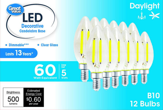 Great Value LED Light Bulb, 4W (60W Equivalent) B10 Deco Lamp E12 Candelabra Base, Dimmable, Daylight, 12-Pack