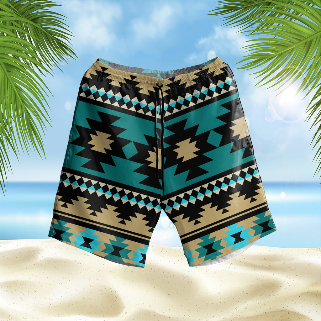 Green Ethnic Aztec Pattern Hawaiian Shorts