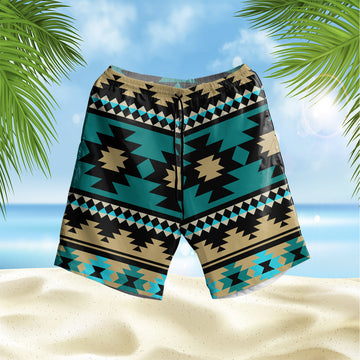 Green Ethnic Aztec Pattern Hawaiian Shorts