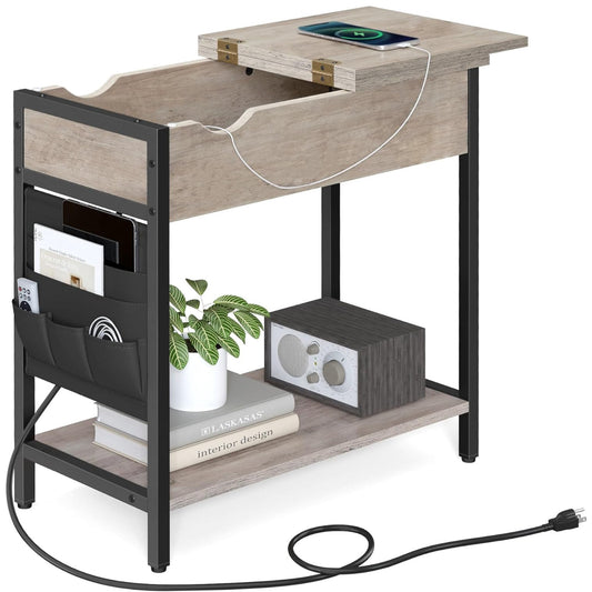 Greige and Black Industrial Side Table with Built-In Charging Station, USB Ports, and Side Fabric Storage Pockets