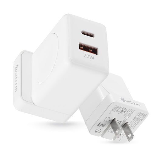 Griffin PowerBlock 20W Wall Charger with Smartwatch Wireless Charging, Dual USB-A & USB-C Ports, Fast Charging for Phones and Smartwatches