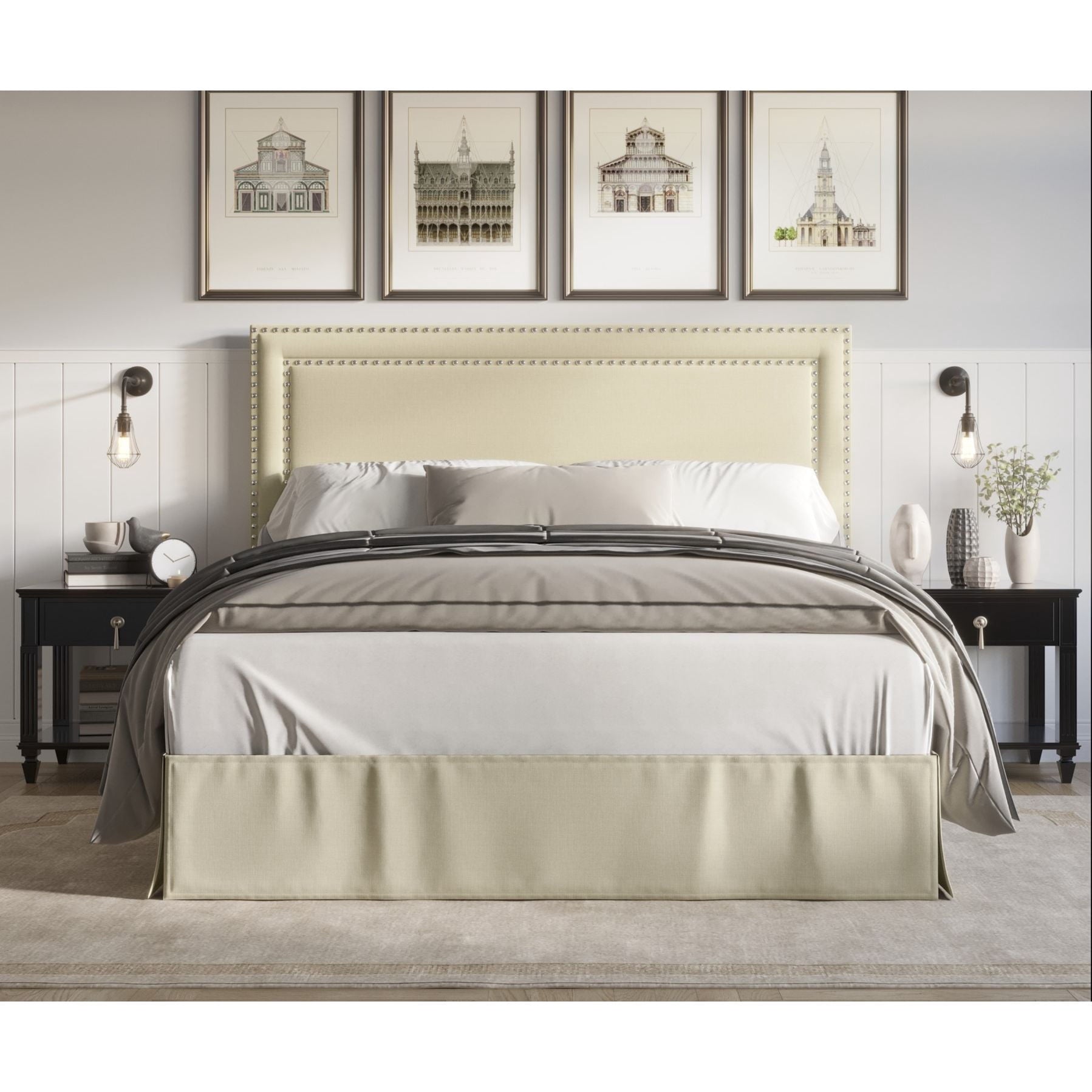 Home Design Keith King Upholstered Panel Bed Frame with Nailhead Trim, Beige â€“ Adult Bedroom Furniture, Easy Assembly