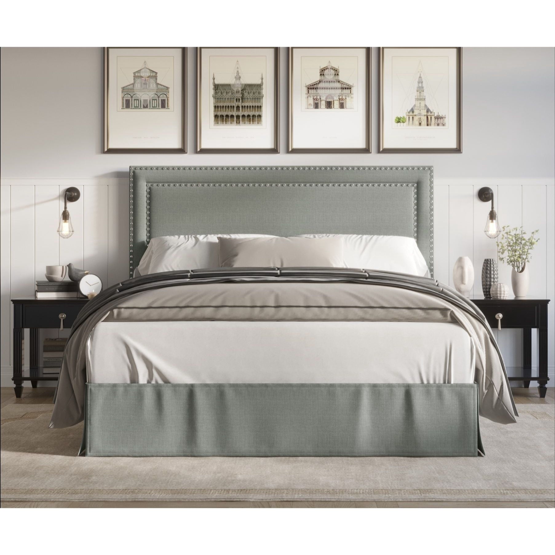Home Design Keith Twin Upholstered Panel Bed Frame with Nailhead Trim, Gray â€“ Adult Bedroom Furniture, Easy Assembly