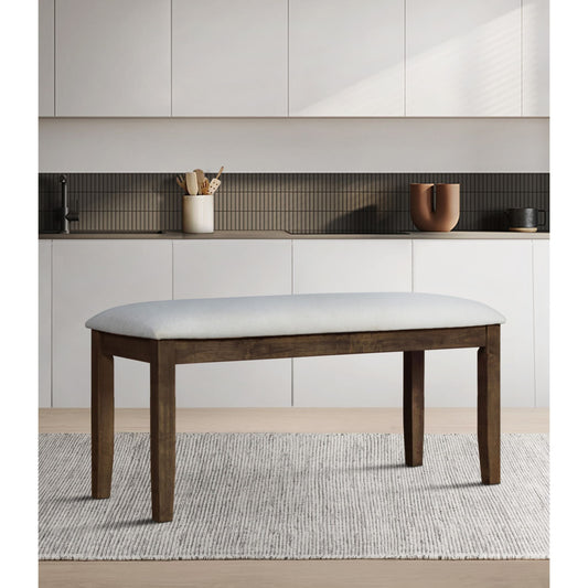 Home Design Oden Dining Bench, Brown/Gray, Rectangular seat, Padded cushion, Upholstered in soft gray fabric, X-shaped base, Comfortable seating, Rustic-modern style, Durable construction