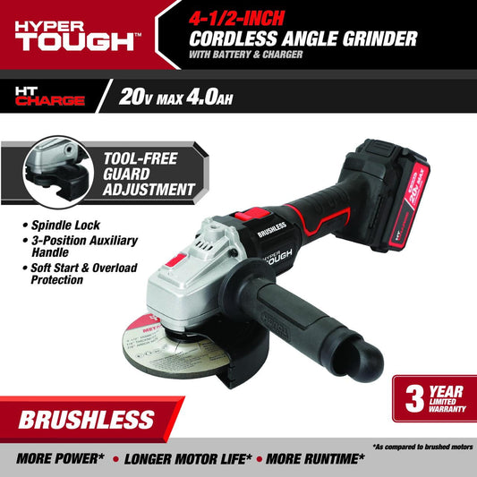 Hyper Tough 20V Brushless 4-1/2-in Cordless Angle Grinder Battery & Charger