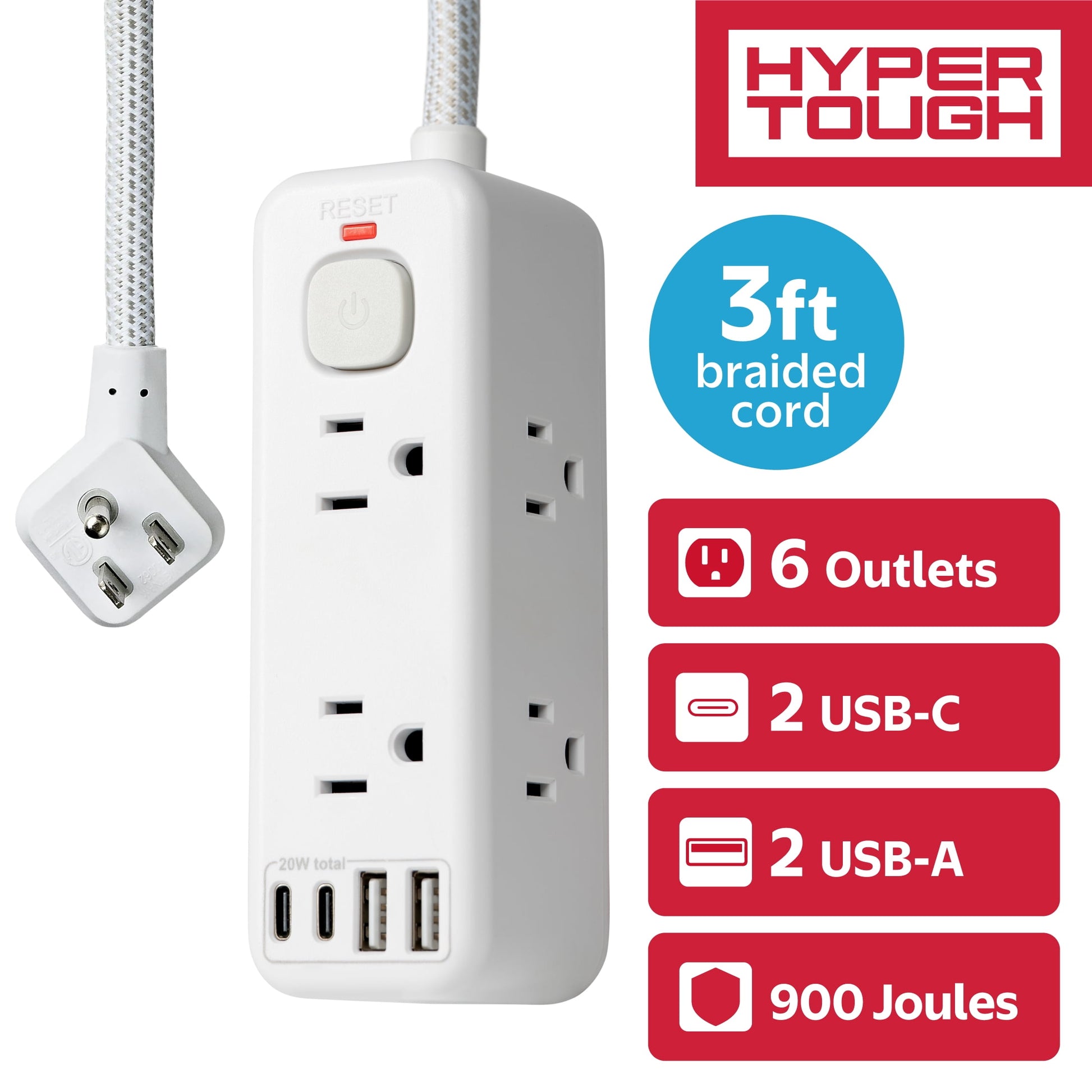 Hyper Tough USB Power Strip, 3ft Extension Cord, 6 Outlet, USB-A, USB-C, 900J Surge Protector, White