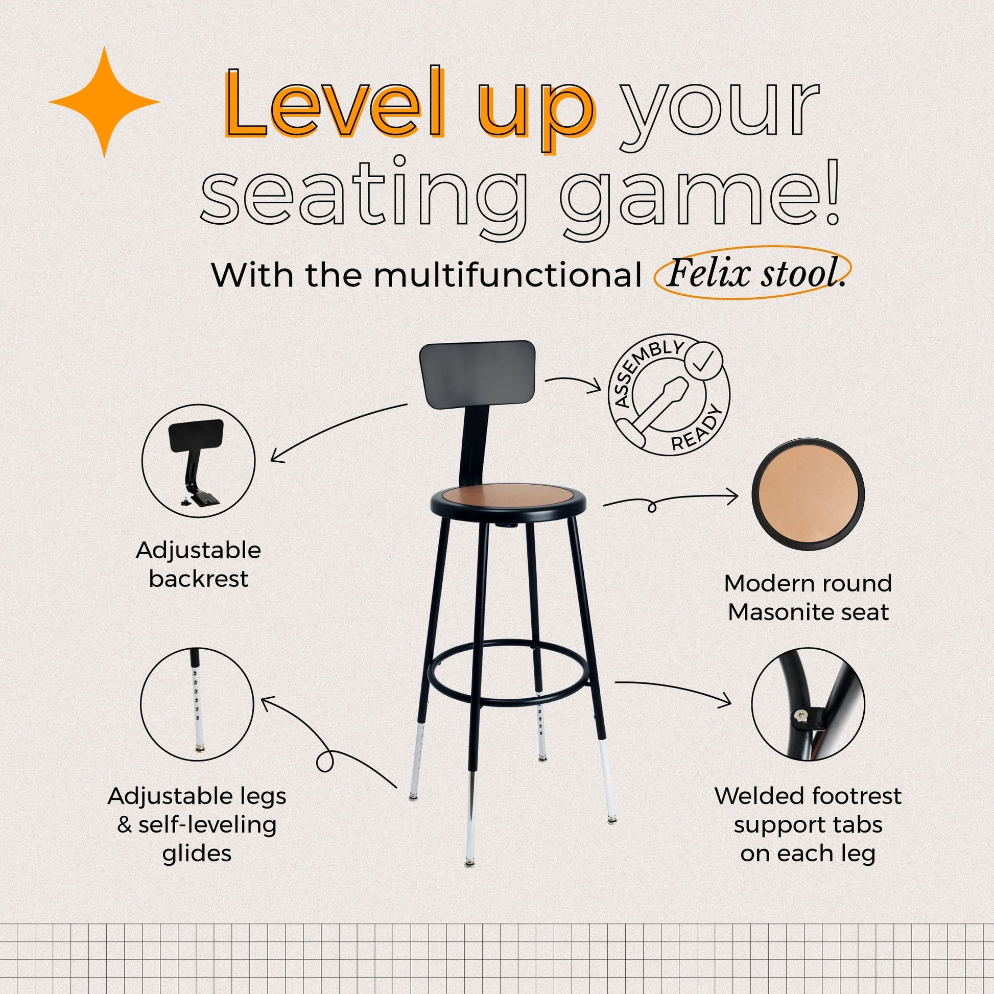 Hampden Furnishings Felix Collection Height Adjustable 25-33 Inch Steel Stool with Backrest, Black, AssemblyReady
