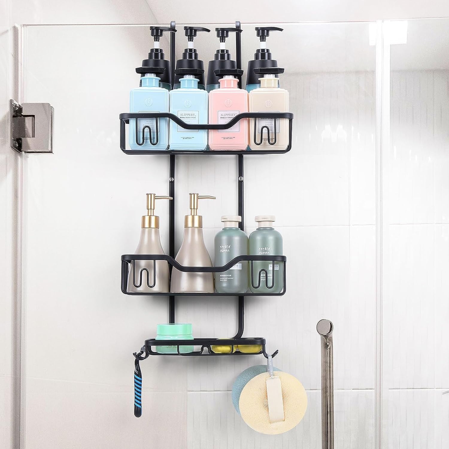 Organizador de Ducha Colgante para BaÃ±o con Estantes, 4 Ganchos y Jabonera, Negro