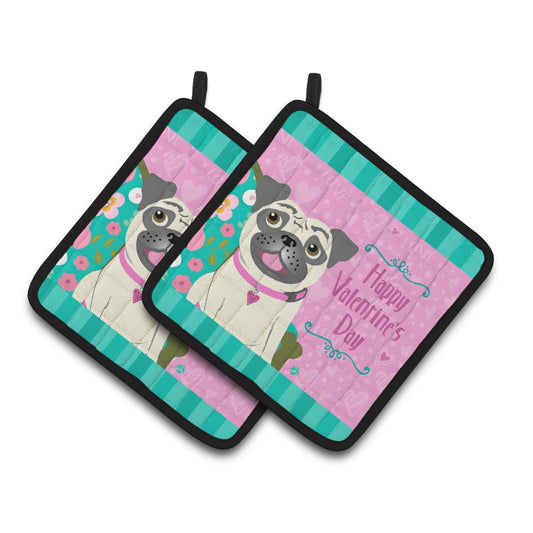 Happy Valentines Day Pug Pair of Pot Holders